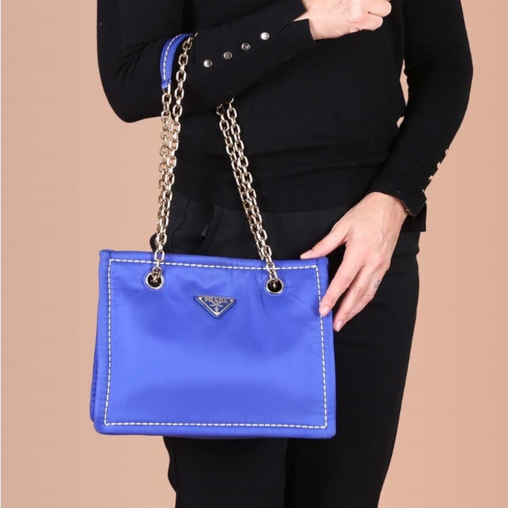 Authentic Prada Tessuto Chain Nylon Shopper Indaco NEW without tags